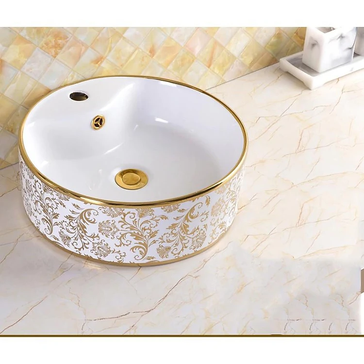 D-LB07 - LAVABO TRÒN ĐẶT BÀN HOA VĂN VÀNG