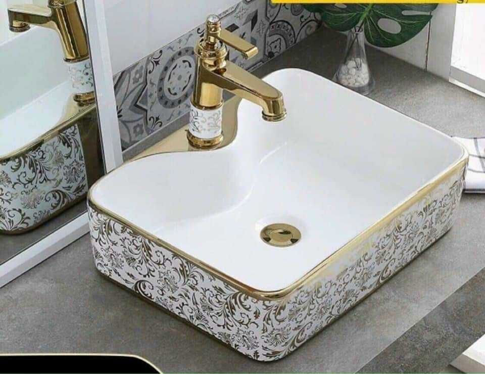 D-LB01 - LAVABO ĐẶT BÀN VUÔNG HOA VĂN VÀNG