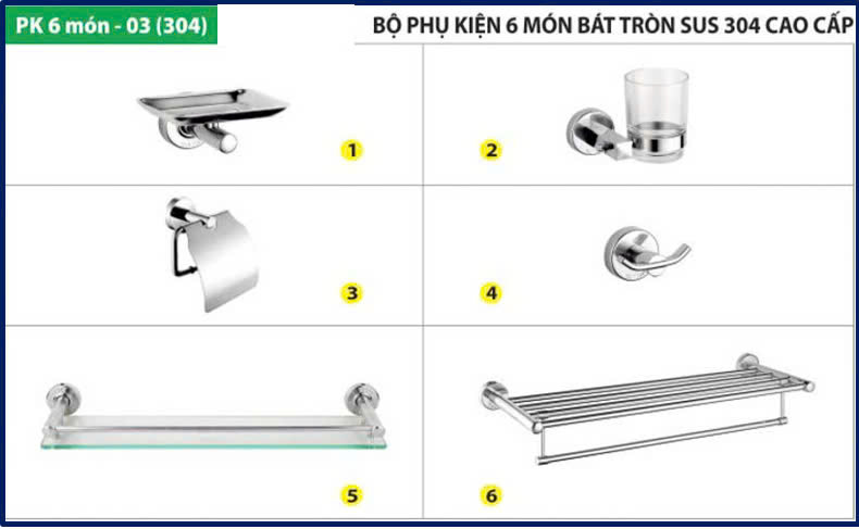 COMBO PHỤ KIỆN NHÀ VỆ SINH INOX 304 CAO CẤP - PK03