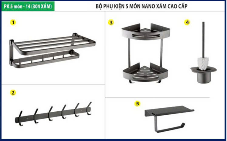 COMBO PHỤ KIỆN TOILET INOX 304 PHỦ NANO XÁM - PK10