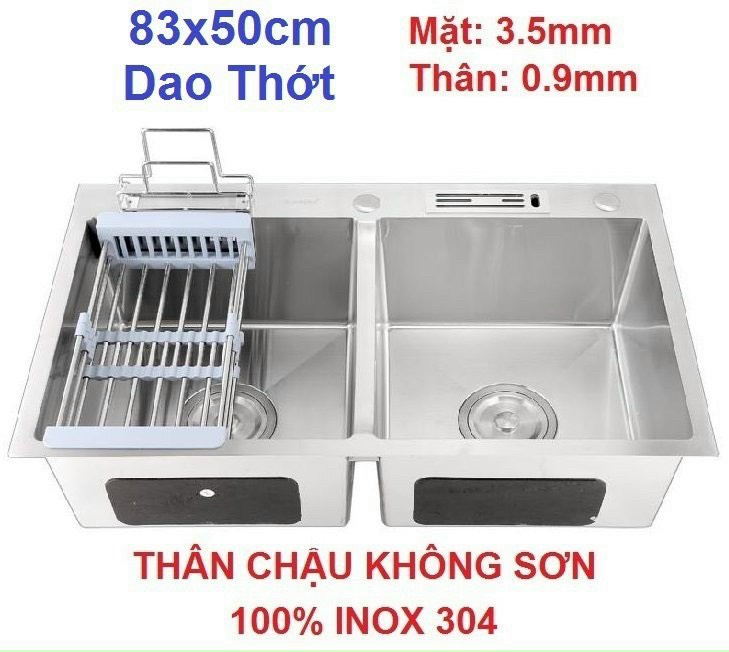 Chậu Rửa Chén 2 Hộc Inox 304 Không Sơn Cao Cấp 83*50cm - D8350KSDT