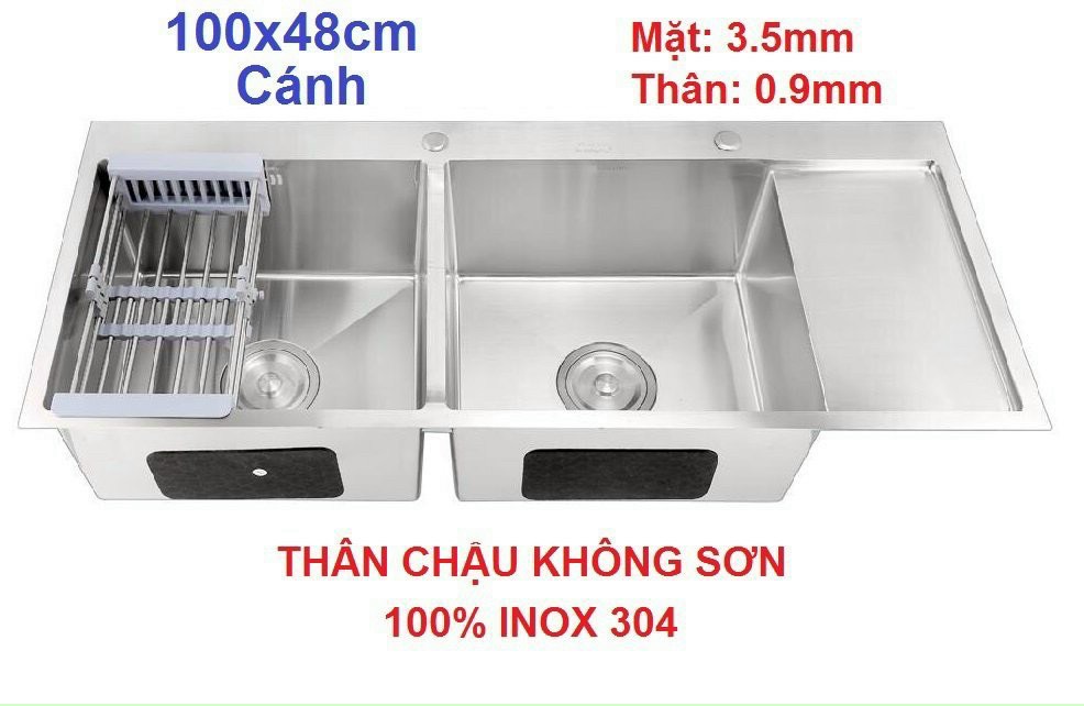 D10048KS 304 100% - CHẬU CHÉN 2 HỘC CÓ CANH 304 KHÔNG SƠN CAO CẤP