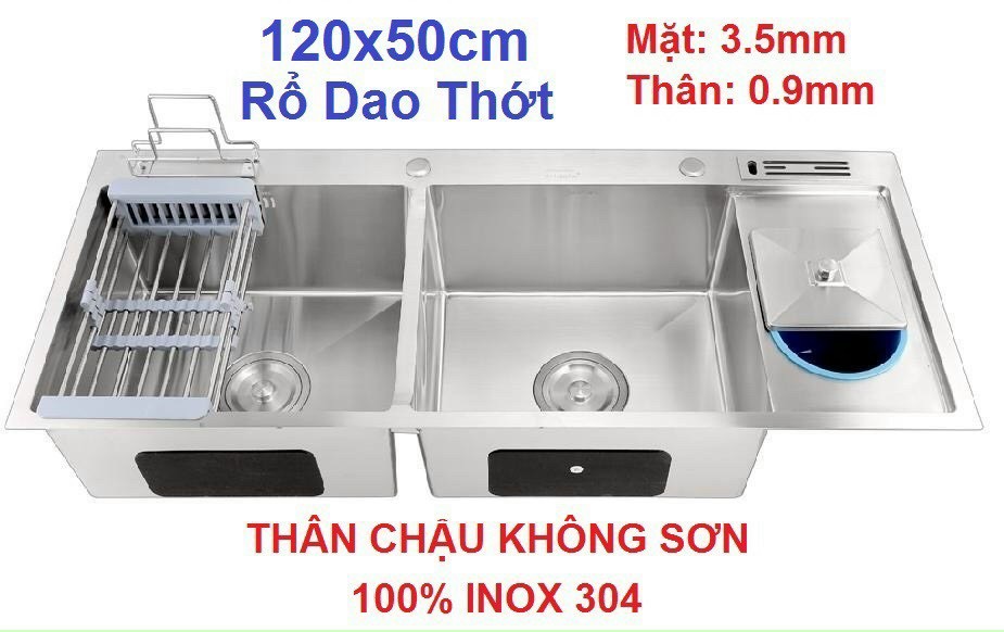 D10048KSDT 304 100% - CHẬU CHÉN 2 HỘC CÓ CANH DAO THỚT 304 KHÔNG SƠN CAO CẤP