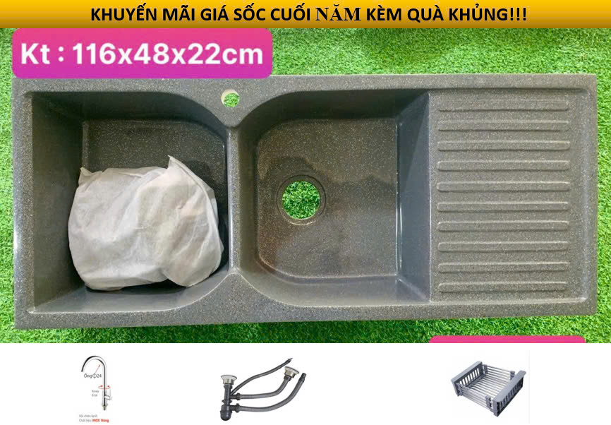 CCD12- BỘ CHẬU RỬA CHÉN ĐÁ 2 HỘC CÓ BÀN CHỜ